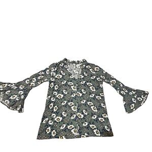Free People Boho Floral Bell Sleeve XS Green Daisy Print Tunic Peasant Blouse